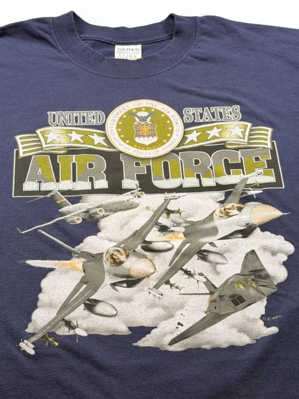 Vintage 90s United States Air Force Military Fighter Jet Blue Graphic Tee Large